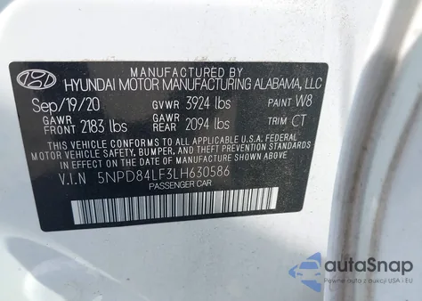 2020 Hyundai Elantra Sel z USA, uszkodzony, nr VIN 5NPD84LF3LH630586